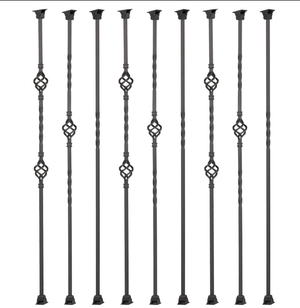 Balusters for Staircase Interior - Stair Spindles, Banister, Hollow, 1/2inch x 44inch, Single Basket, Double Basket, Single Twist Iron Balusters and Swivel Shoes (Pack of 9), Satin Black